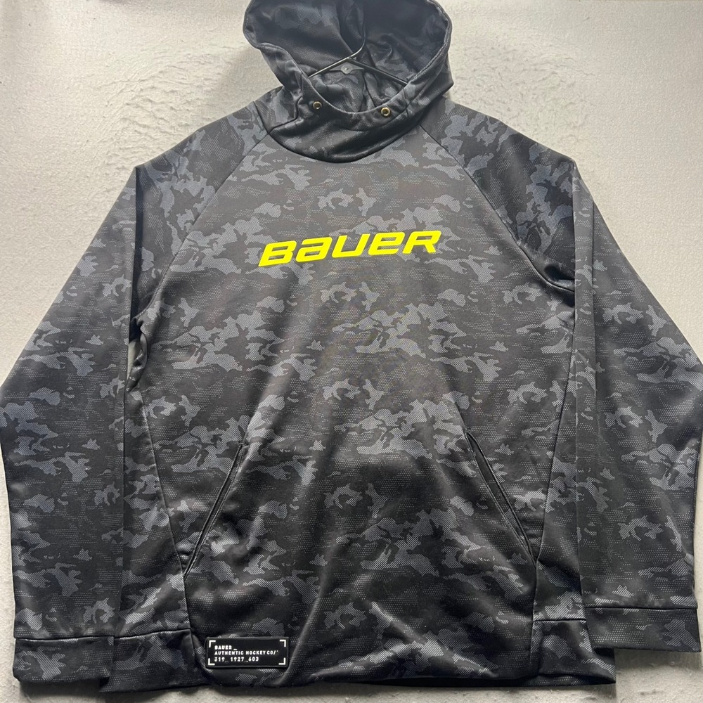 Bauer Mens Camo Hoodie Grey Black Yellow Logo Hockey Performance Sweatshirt L